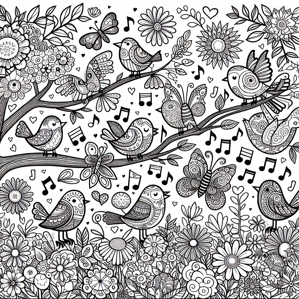 Get ready for a fun coloring adventure in a magical garden! This page is filled with happy birds sitting on branches and singing sweet songs. You'll also find colorful butterflies flying around, each with special patterns on their wings. Look for bright flowers like daisies and sunflowers, along with blooming bushes, making this garden extra cheerful! Join in the fun and bring this playful scene to life with your favorite colors!