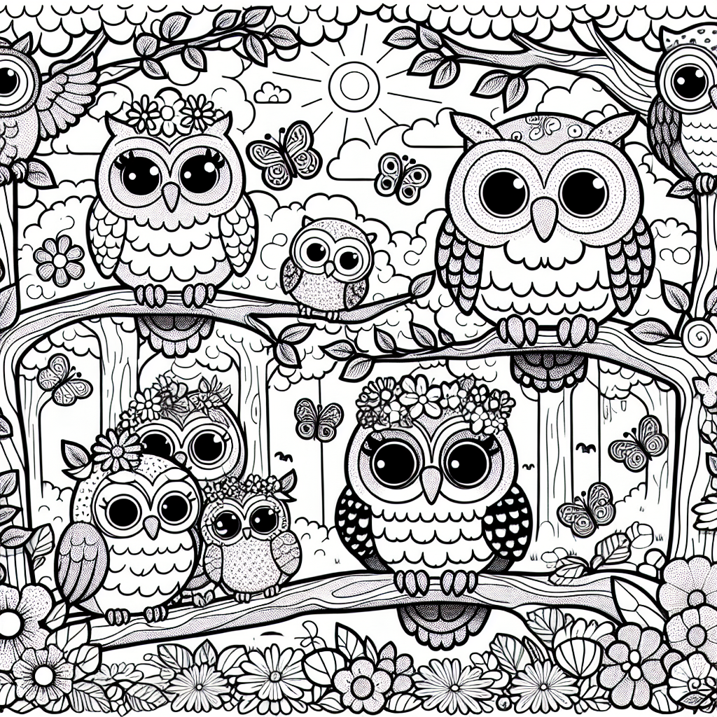 Get ready for a fun adventure in the forest with this cheerful coloring page! You'll find lots of happy owls sitting on big, cozy tree branches. Each owl has friendly eyes and silly faces, and some even wear glasses or little hats! Around them, colorful flowers and playful insects like butterflies and ladybugs make the scene lively. With a bright sun and fluffy clouds in the background, this picture is waiting for you to fill it with your favorite colors! Perfect for kids who love nature and cute animals!