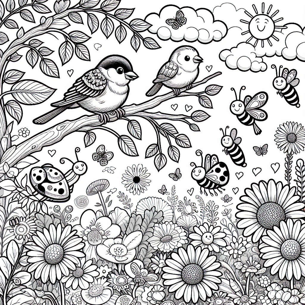 This fun coloring page features a happy scene in a park with cheerful sparrows perched on a tree branch. You will see their fluffy feathers blowing in the wind as they smile down at you. Below, lively little insects like bright ladybugs, fluttering butterflies, and zippy dragonflies dance around colorful flowers like daisies and sunflowers. There's also a leafy bush and grassy patches to fill the scene with fun shapes. The sky is decorated with cute clouds and a shining sun, making it feel bright and joyful. Grab your crayons and enjoy adding color to this delightful outdoor adventure!