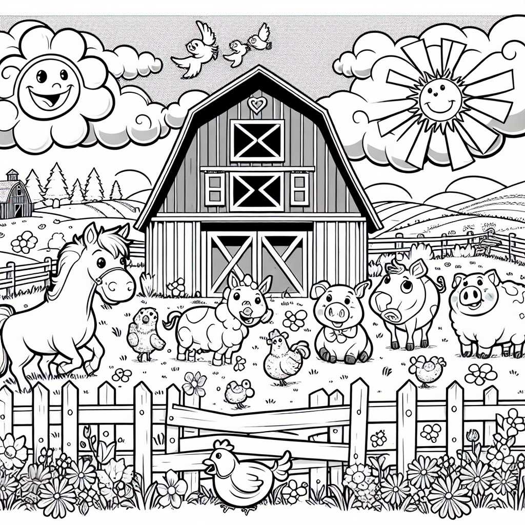 Get ready for a fun farm adventure with this whimsical coloring page! You will see a big, cheerful red barn surrounded by happy farm animals. There's a playful cow with big eyes, a friendly pig enjoying a mud bath, and a cheerful chicken scratching the ground. A cute sheep is munching on grass, while a friendly horse is happily neighing nearby. The scene is brightened by fluffy clouds, a shining sun, and colorful flowers, all waiting for your crayons! Don't forget the fence in the front, making it the perfect spot for your imagination to run wild.