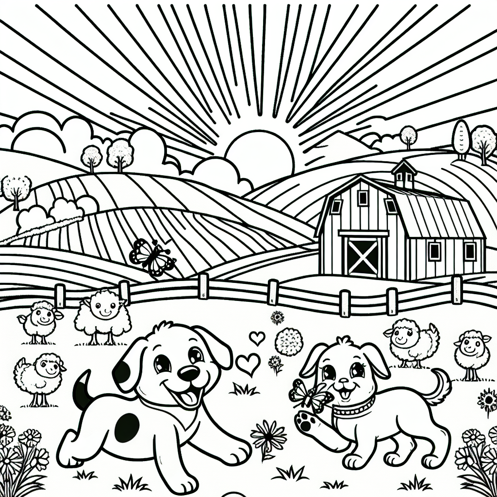 Get ready for a fun-filled coloring adventure on the farm! This page features a sunny day with cheerful farm animals like cows, sheep, and chickens. You’ll find playful dogs, one happily chasing a butterfly and another relaxing in the grass with a big smile. There’s even a cozy barn, tall trees, and rolling hills to color in. Let your imagination run wild as you bring this joyful farm scene to life!