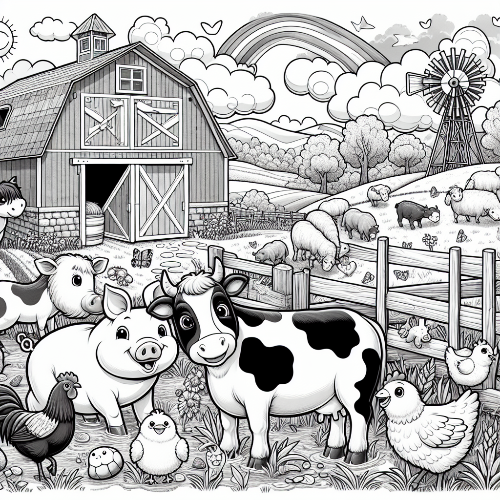 This colorful farm scene is filled with fun and friendly animals! You can see a happy pig rolling in the mud, a cheerful cow munching on green grass, and a playful chicken scratching the ground. In the background, a big red barn and a spinning windmill make the scene even more exciting. Look for fluffy sheep on the hill and a joyful horse near a fence! The sunny sky has puffy clouds and a rainbow, making the whole picture bright and cheerful. Perfect for kids to color and enjoy!