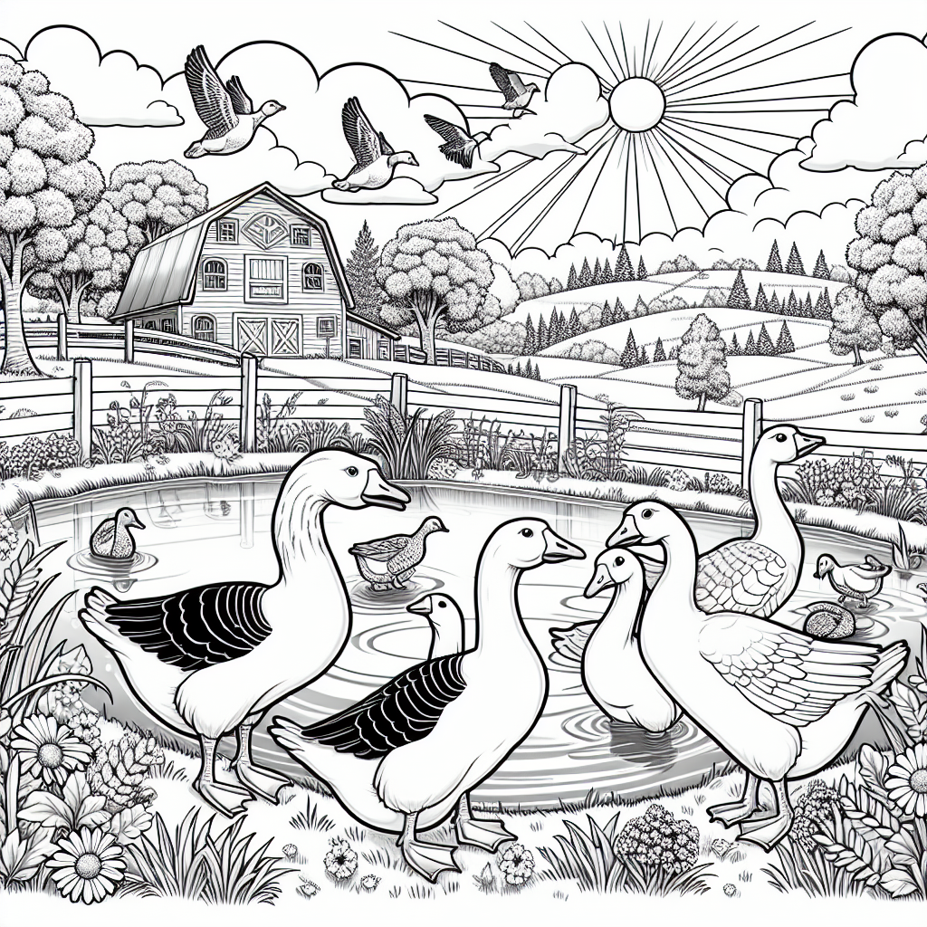 Enjoy a fun coloring page filled with a happy farm scene! You will see a group of playful geese waddling by a pond, each with a silly face and a different pose. There’s a bright sun shining in the sky, fluffy clouds floating by, and a cozy red barn in the background. Don’t forget the pretty wildflowers and tall grass all around, making it a perfect day on the farm!