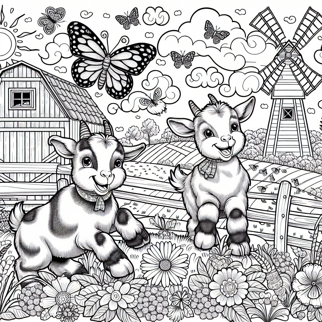 This coloring page shows a cheerful farm scene filled with happy goats! You’ll see playful goats jumping on a grassy hill, having fun with a giant butterfly that’s flying above them. There’s a cozy red barn, a windmill, and a proud rooster, all adding to the farm's charm. Don’t forget to color the pretty flowers and friendly ladybugs as you bring this happy scene to life!