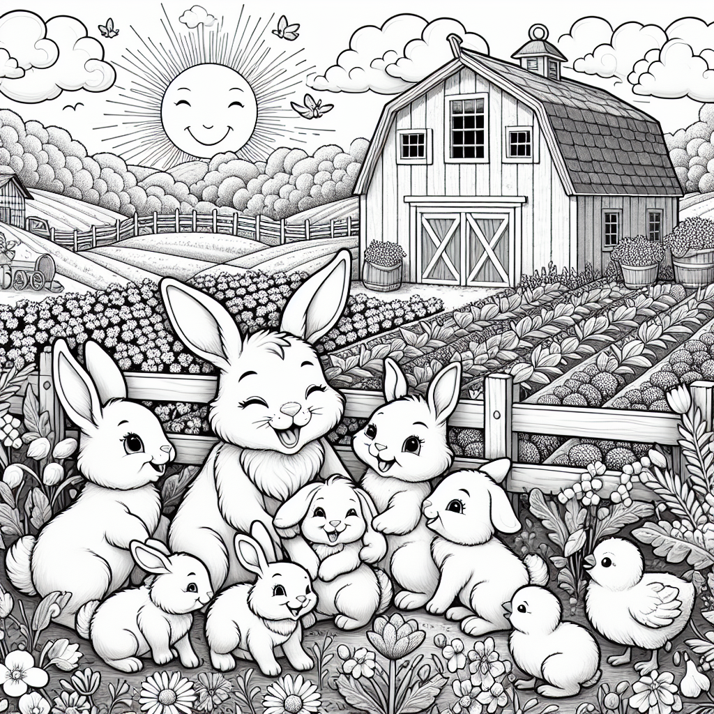 This fun coloring page shows a happy farm scene with a joyful rabbit family! You can color a mother rabbit and her little bunnies playing in a sunny meadow filled with beautiful wildflowers. There’s a big wooden barn and a rustic fence nearby, and you can also see a veggie garden with carrots poking out of the ground. Look out for other friendly farm animals like a smiling cow, a clucking chicken, and a gentle sheep, all having a great time in the sunshine!