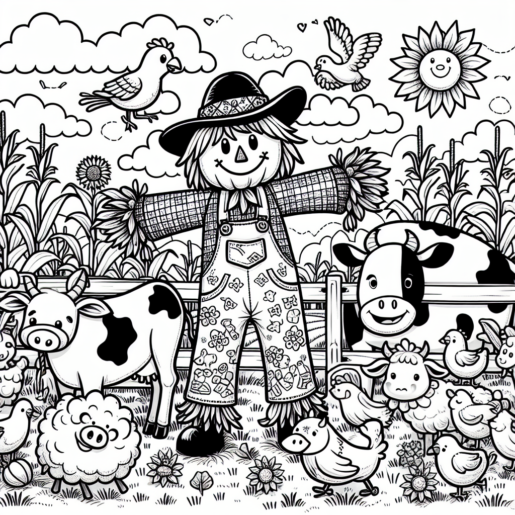 This fun coloring page shows a cheerful farm scene that is perfect for kids! You'll see a happy scarecrow wearing bright, colorful clothes standing tall in a field. Surrounding the scarecrow are friendly farm animals, like a playful cow, a curious pig, a kind chicken, and a gentle sheep. The field is filled with rows of corn or sunflowers, under a beautiful blue sky with fluffy clouds. All the characters have big smiles, making this a joyful picture to color!