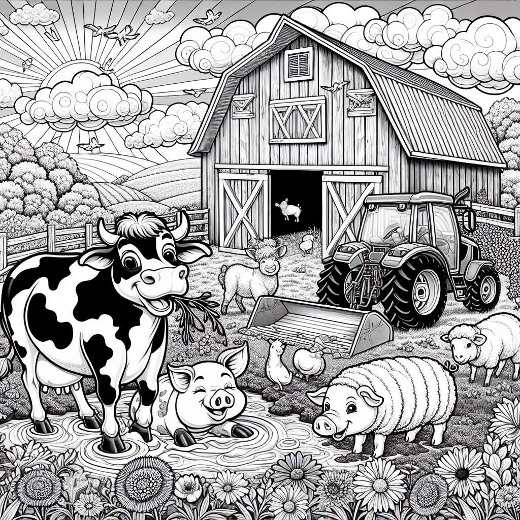 Get ready for some farm fun with this exciting coloring page! You'll find a happy cow munching on grass, a silly pig enjoying a muddy roll, and a curious sheep peeking nearby. There’s a bright red barn in the background and a colorful tractor parked close by, surrounded by pretty flowers and a wooden fence. The sunny sky filled with fluffy clouds makes everything feel cheerful and lively. Enjoy coloring this joyful farm scene!