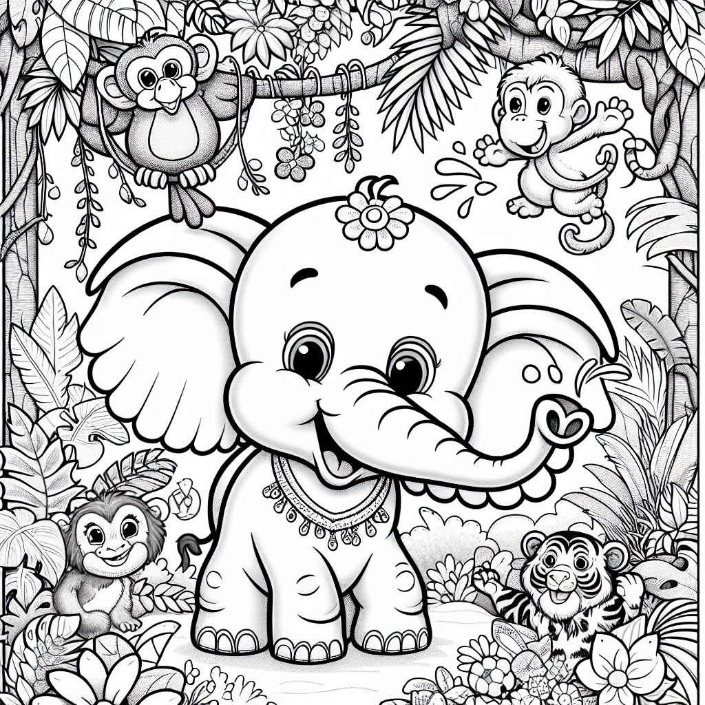 Get ready for a fun coloring adventure with this whimsical page! You'll see a happy elephant with big ears, joyfully spraying water from its trunk. Around the elephant, there are playful animals like a swinging monkey, a colorful parrot, and a curious tiger peeking through the jungle plants. The scene is full of palm trees, tropical flowers, and lots of fun details, all in a cartoonish style that's easy to color. It's perfect for kids who love jungle animals!