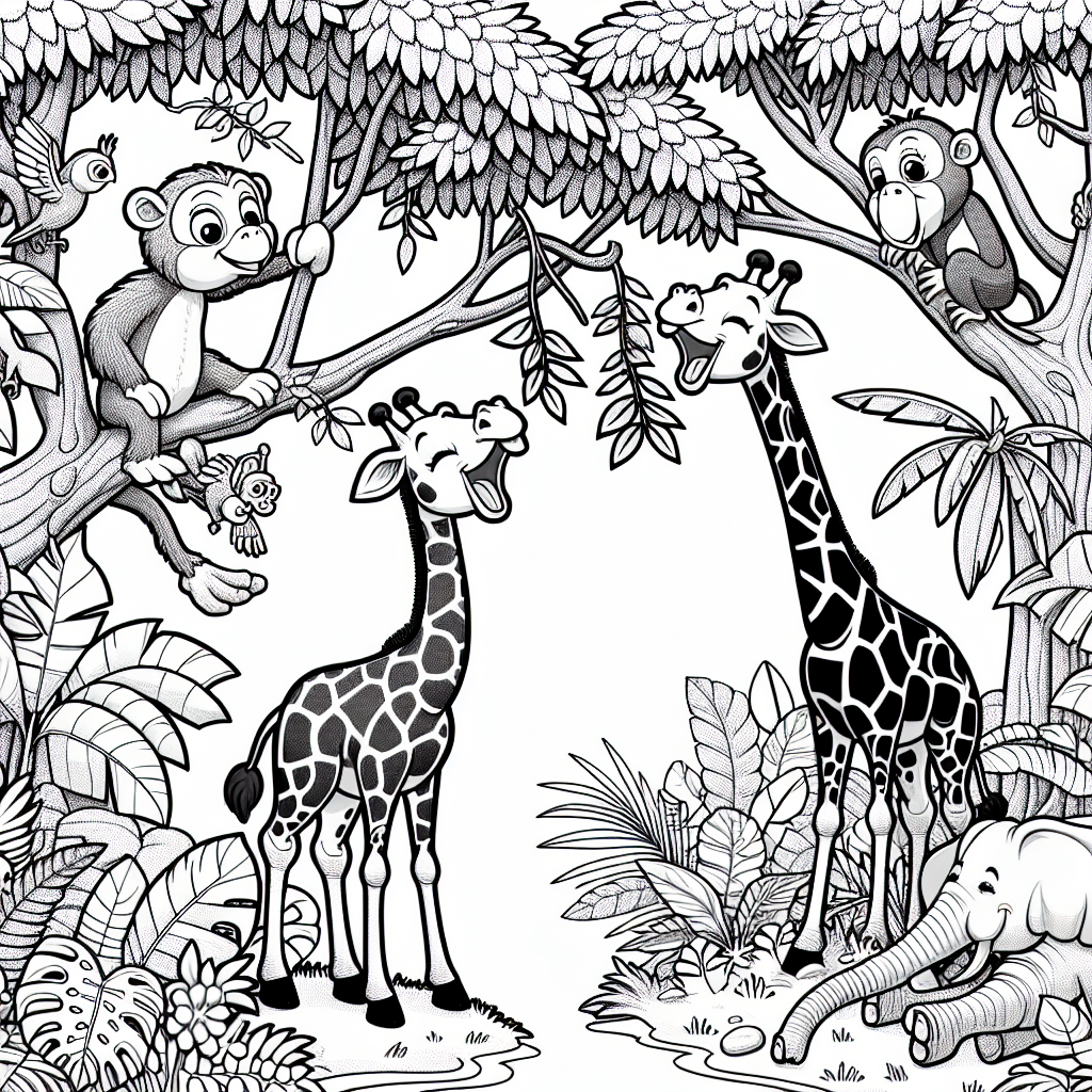 Get ready for a fun jungle adventure! This coloring page features two tall, smiling giraffes with long necks stretching to munch on tasty leaves from a high tree. Surrounding them are a playful monkey swinging from a branch and a curious parrot watching nearby. In the background, a big, sleepy elephant relaxes. The page is filled with beautiful jungle plants, large leaves, and pretty flowers, making it a perfect scene for kids to bring to life with color!