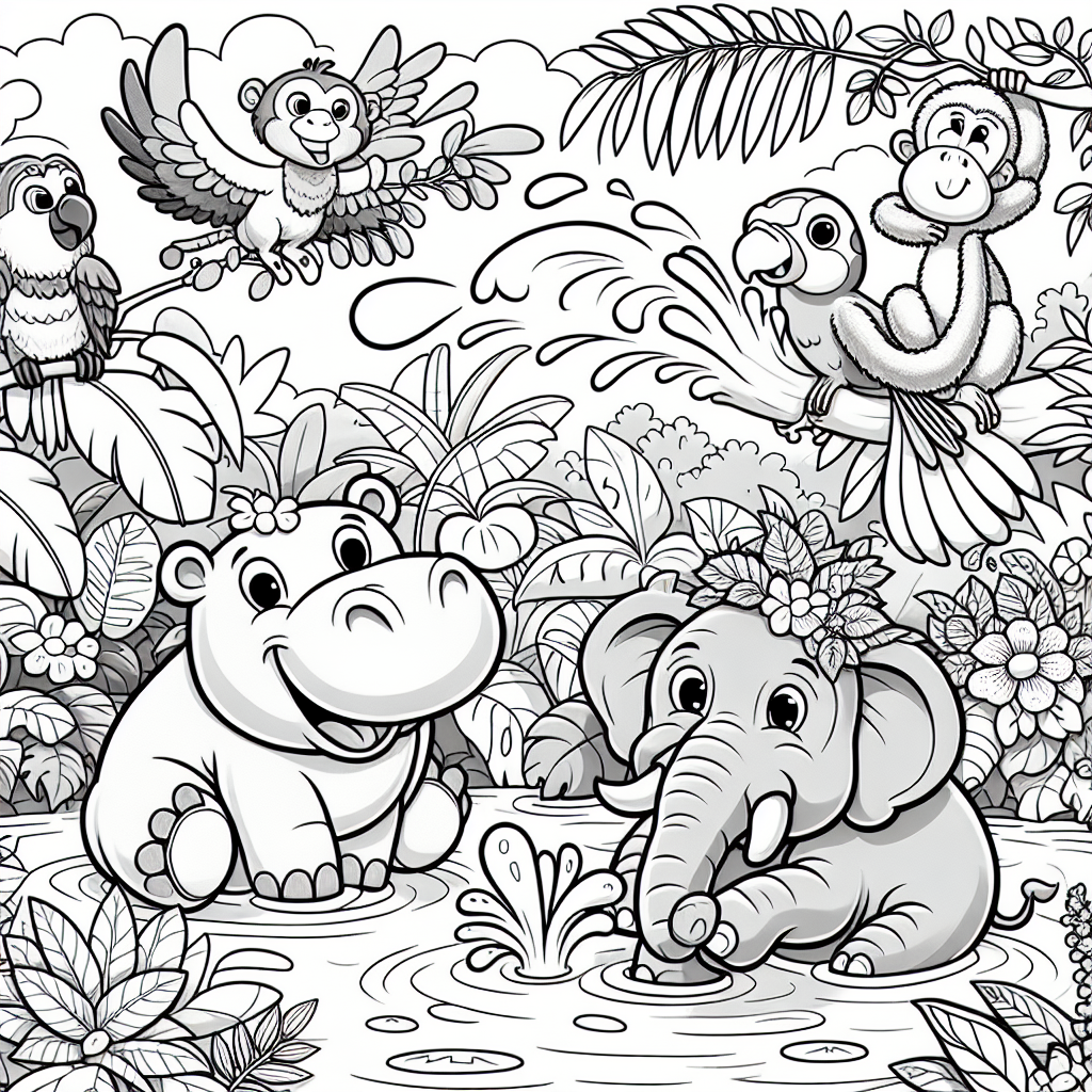 This coloring page features a super happy hippo splashing in a river, surrounded by a bright and fun jungle! You’ll see the hippo smiling wide with its cute cartoonish face. Swinging from a vine is a playful monkey, while a colorful parrot sits on a branch nearby. A friendly elephant uses its trunk to spray water, adding to the playful scene. With big leaves, tropical plants, and pretty flowers, this jungle is bursting with life. Get ready to bring this cheerful adventure to color!