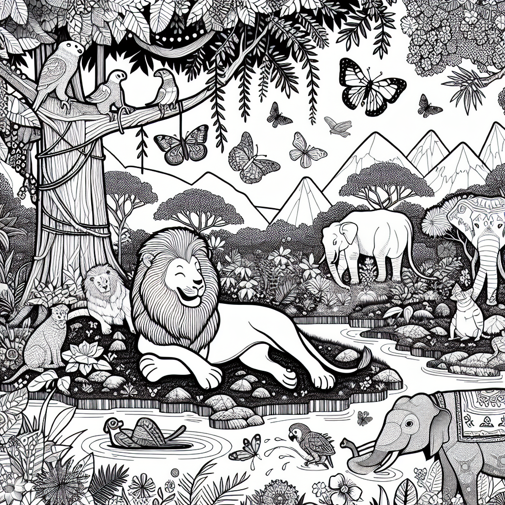 This fun coloring page takes you to a lively jungle filled with cheerful animals! You’ll find a happy lion relaxing under a big tropical tree surrounded by big green leaves and twisting vines. Swinging nearby is a playful monkey, and a curious parrot sits close by, watching everything. There’s even a gentle elephant having fun splashing water! Pretty butterflies dance through the air, and colorful flowers are blooming in the front. Tall trees and mountains make the jungle feel complete. Get your crayons ready to bring this vibrant scene to life!