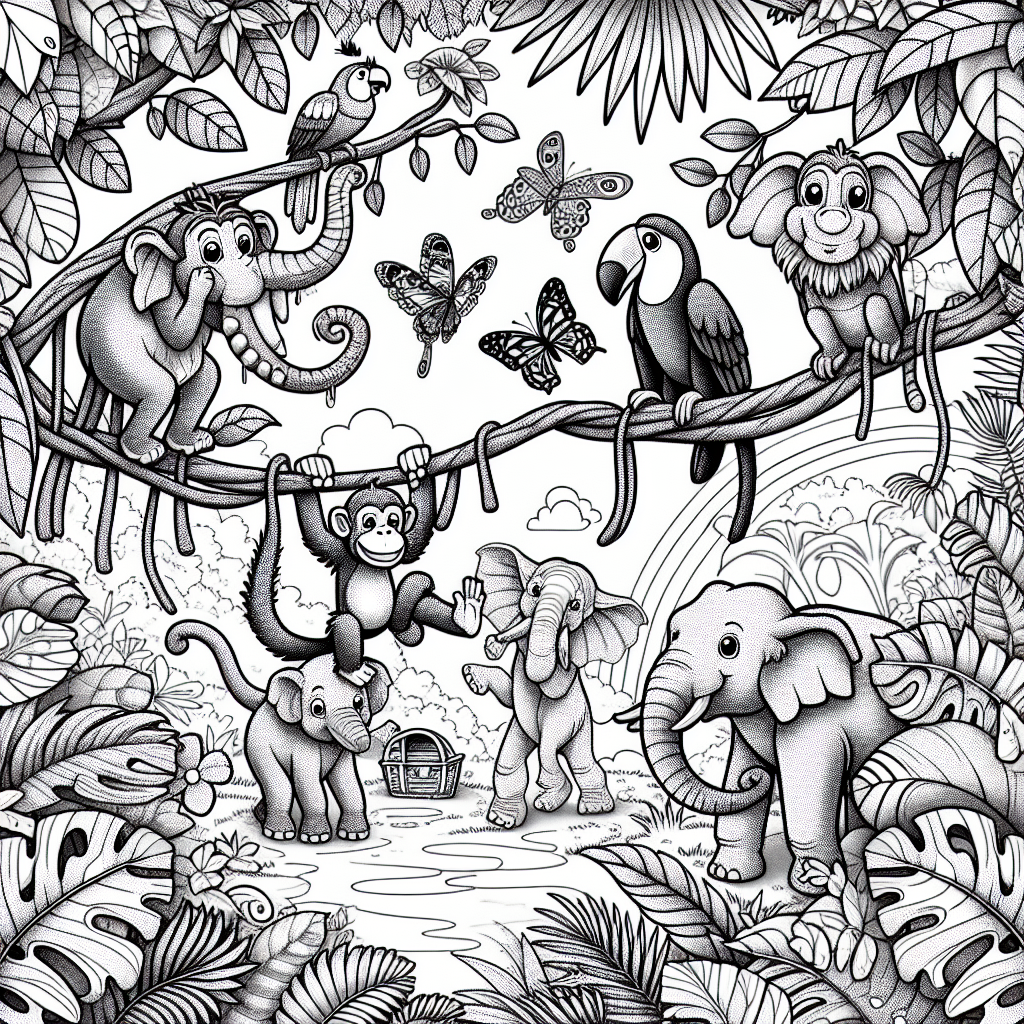 Dive into a fun jungle adventure with this exciting coloring page! You will see happy monkeys swinging from vines and branches, full of joy as they play together. There are also friendly elephants, bright birds, and curious toucans hiding among lush leaves and colorful flowers. Look closely, and you might even find a treasure chest peeking out from the bushes and a rainbow shining in the sky. Get your crayons and let your imagination run wild!