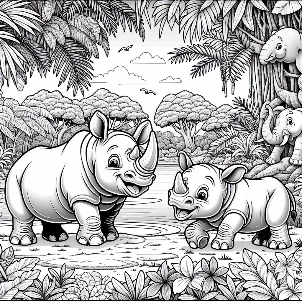 Dive into a cheerful jungle scene filled with happy rhinos! You’ll see a baby rhino playing by a sparkling waterhole while its adult buddy smiles nearby. The background is bursting with lush tropical plants, tall grasses, and colorful flowers. Keep an eye out for a playful monkey swinging from a branch and a bright parrot perched on a tree. Plus, there's a curious elephant peeking out from behind a bush, all with joyful expressions. This fun coloring page is perfect for kids to bring the jungle to life with their favorite colors!