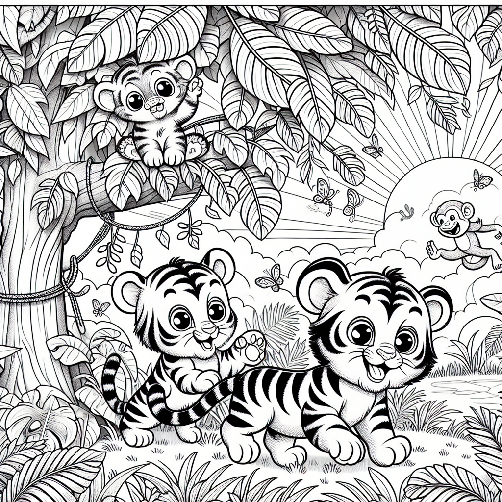 This coloring page features a fun jungle scene filled with two happy tigers! One tiger is sitting under a big tree, and the other is playfully hiding behind some green leaves. You'll also see colorful flowers, swinging vines, and playful monkeys in the background. The friendly tigers are sure to bring a smile to your face as one chases a butterfly! Get ready to color a bright sun shining above and lots of jungle plants all around. This jungle adventure is perfect for kids to enjoy!