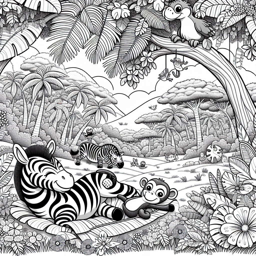 This coloring page features a fun jungle scene filled with happy zebras having a great time in a bright, green landscape. You’ll see one playful zebra peeking out from behind a big, tropical leaf, while another zebra enjoys rolling on the soft grass. The background is filled with tall trees, colorful flowers, and friendly animals like playful monkeys swinging from the branches and bright birds perched nearby. It's a cheerful and cartoonish design that invites kids to use their imagination and creativity with colors!