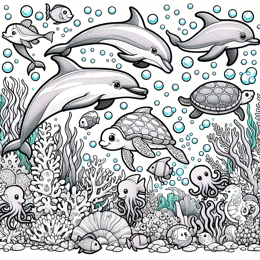 Dive into an exciting underwater adventure with this playful scene! You will see happy dolphins swimming among bright coral reefs, surrounded by cheerful fish, friendly sea turtles, and fun octopuses. Watch as seaweed sways gently and bubbles float up to the surface. This image is designed with bold lines, making it easy for kids to color and unleash their creativity in this magical ocean world!