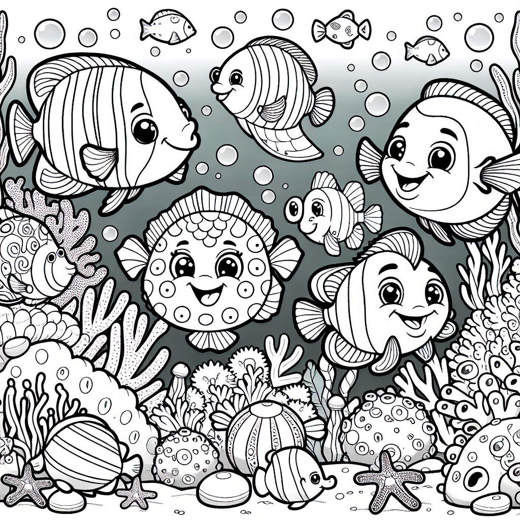 Dive into a fun underwater adventure with this coloring page! You’ll see lots of happy fish like clownfish and angelfish swimming among colorful coral reefs. There are playful bubbles, friendly sunfish, and even some starfish and seaweed making the scene lively. Get your crayons ready to bring this cheerful ocean world to life!