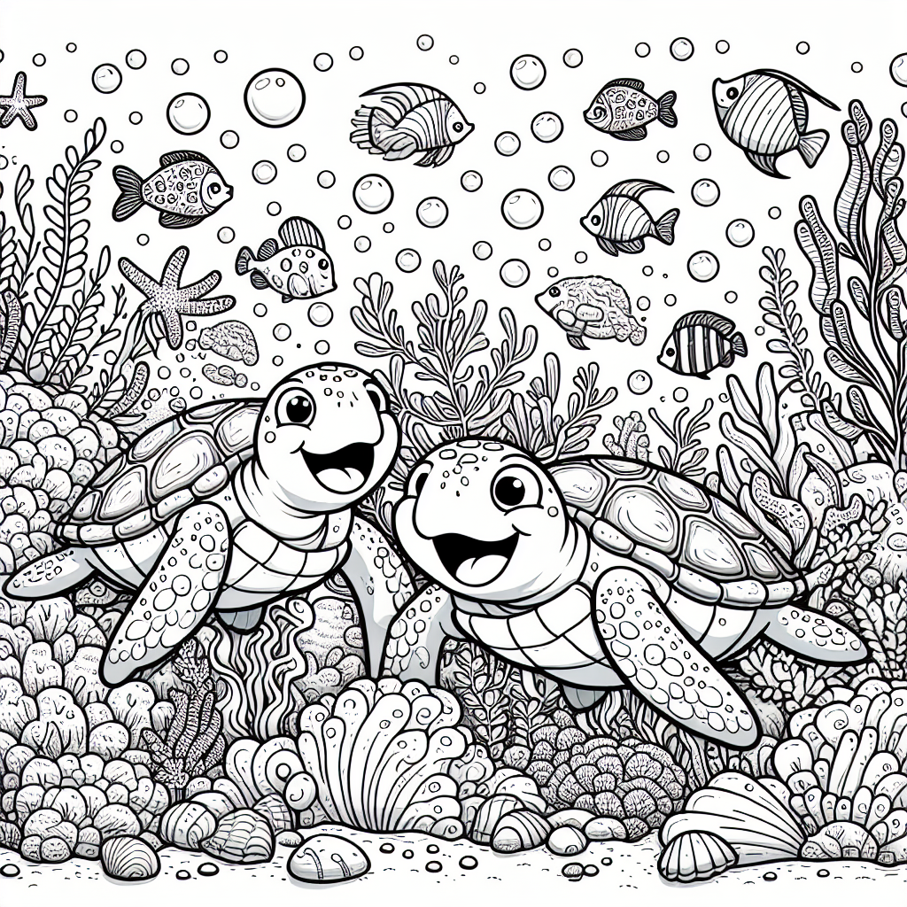 Dive into a fun underwater adventure with this delightful coloring page! You’ll find two happy turtles swimming gracefully among colorful coral reefs. Look closely to see playful fish of all shapes and sizes swimming with them, and don't miss the amusing starfish lounging on the rocks. The scene is filled with swaying sea plants and pretty seashells scattered over the ocean floor, all featuring joyful, smiling faces. Get ready to color and explore this cheerful underwater world!