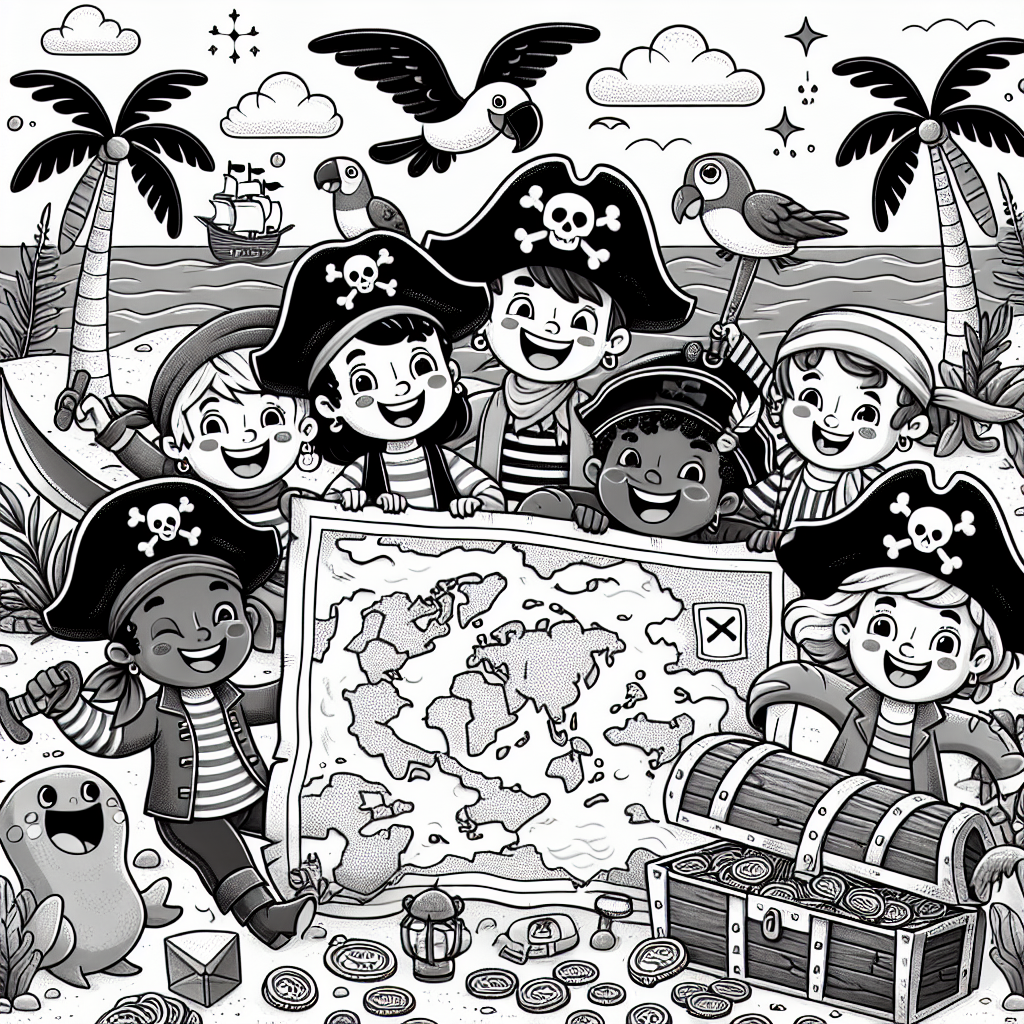 This coloring page is filled with exciting adventures! You can color a happy group of pirates as they look at an old treasure map, searching for treasure. There’s a playful parrot sitting on one pirate's shoulder, and treasure chests full of shiny gold coins all around. You can also find fun pirate items like hats, swords, and telescopes. In the background, cheerful sea creatures like smiling dolphins and starfish make the scene extra special. Get ready to bring this fun pirate adventure to life with your favorite colors!