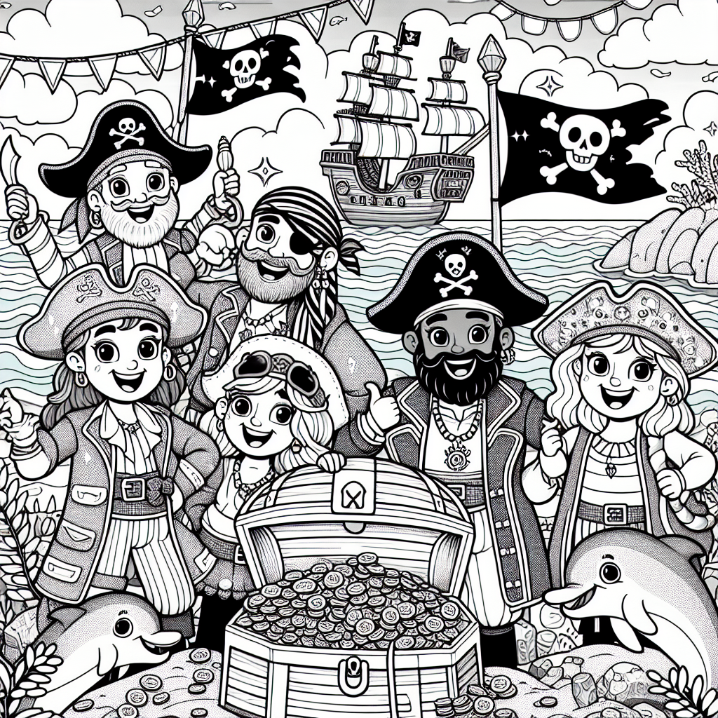 Get ready for an exciting adventure with this fun pirate coloring page! You’ll find cheerful pirates wearing bright, colorful outfits and big smiles. One pirate holds a treasure map that shows where the hidden treasure is buried. Surrounding them are a treasure chest full of shiny gold coins and pretty jewels, along with friendly sea creatures like dolphins and colorful fish. Look for waving pirate flags with classic skull and crossbones designs! In the background, there’s a calm ocean with gentle waves and fluffy clouds. Grab your crayons and let your creativity sail!