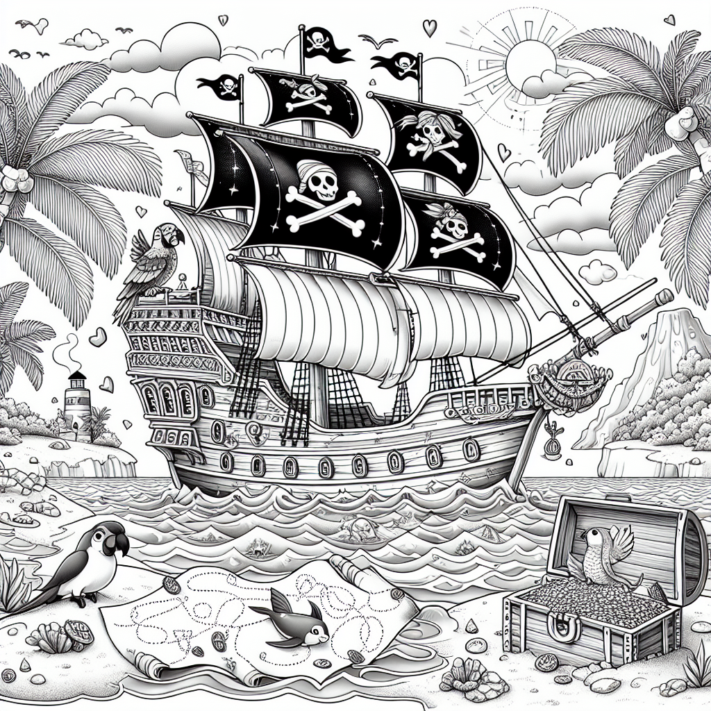 Ahoy, young adventurers! This coloring page features a cheerful pirate ship sailing on calm seas. You'll see a jolly pirate waving from the deck and a friendly parrot sitting on the mast. Look for a treasure chest filled with shiny coins and jewels near the front of the ship! Follow the treasure map that flows over the waves, leading to an X marking the spot of hidden treasure. Surrounding the ship are playful dolphins and smiling fish peeking up from the water. In the distance, a tropical island awaits with palm trees and a sandy beach, ready for an exciting adventure. Grab your crayons and bring this lively scene to life!