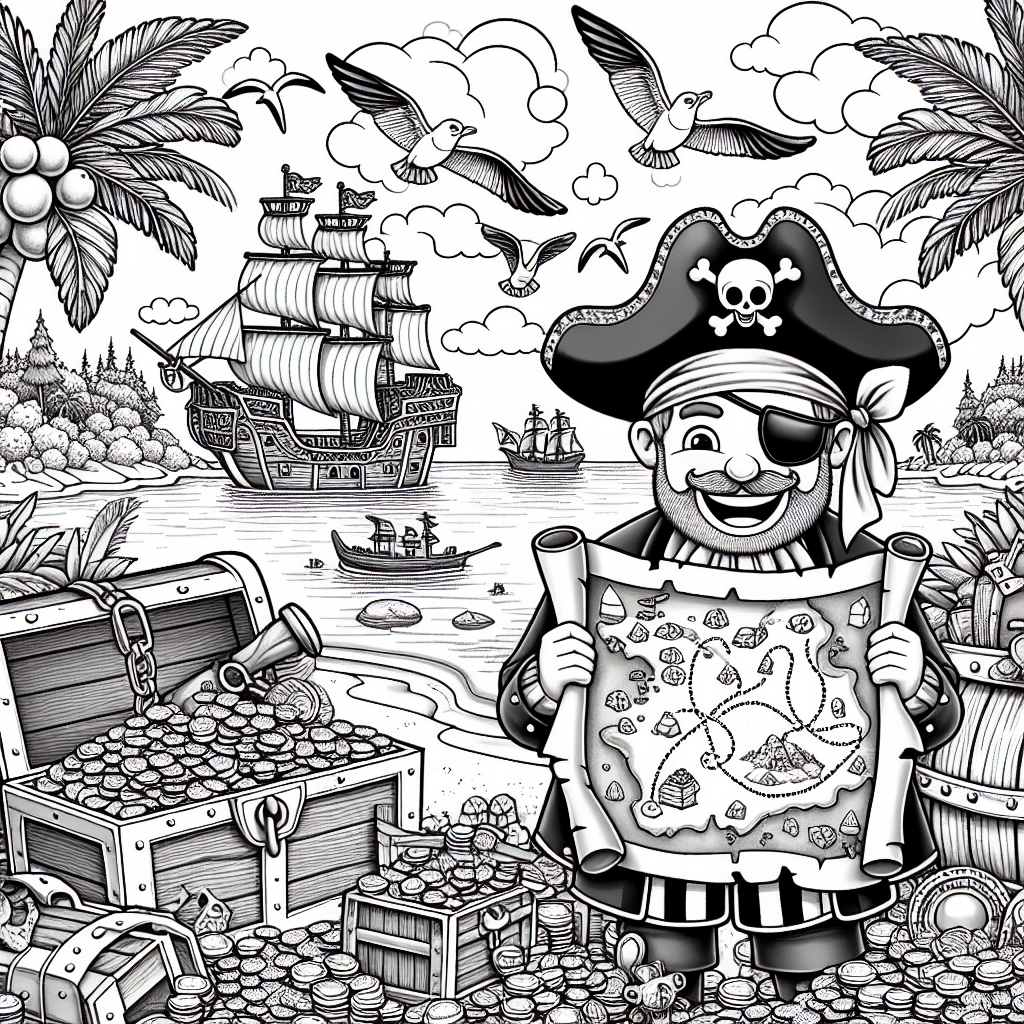 Ahoy, young artists! Get ready to dive into a fantastic pirate adventure with our coloring page! You will meet a happy pirate wearing a big hat and an eyepatch, holding a treasure map that leads to hidden riches. There are treasure chests full of shiny gold coins and colorful gems all around him. In the background, you’ll see palm trees swaying, a pirate ship sailing on the water, and playful seagulls flying in the bright sky. Plus, there's a treasure island with a big X marking the spot. This scene is packed with fun and excitement, waiting for you to add your colors!