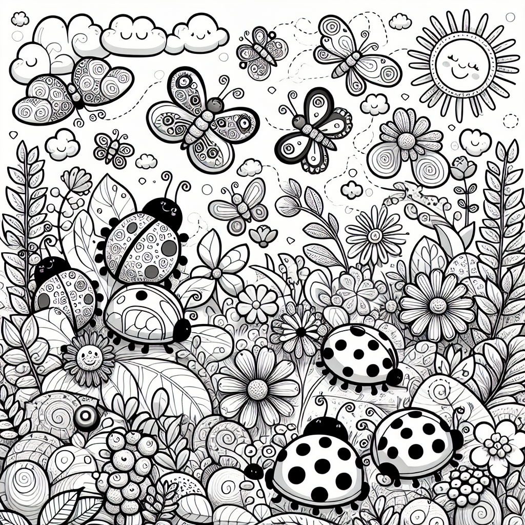 This fun coloring page features a happy scene in a colorful garden! You will see friendly ladybugs with playful patterns, buzzing bumblebees, and cheerful butterflies all having a great time. There are also beautiful flowers and funny plants that make the garden lively and inviting. A smiling sun and fluffy clouds brighten the background, making it perfect for little artists to fill with bright colors!