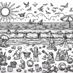 Get ready for a fun day at the beach with this cheerful coloring page! You’ll see happy children playing in the sand, building big sandcastles, and splashing in the sparkling waves. Look for colorful beach balls, buckets, and shovels scattered around, plus a bright sun shining down from a fluffy cloud-filled sky. Don’t forget to spot the playful crabs and pretty seashells along the shore! This exciting scene is just waiting for your favorite colors!