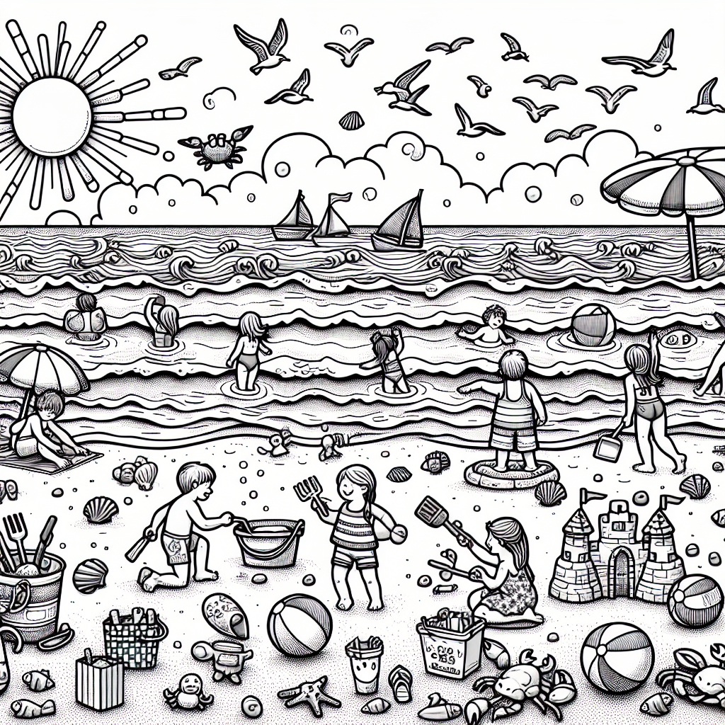 Get ready for a fun day at the beach with this cheerful coloring page! You’ll see happy children playing in the sand, building big sandcastles, and splashing in the sparkling waves. Look for colorful beach balls, buckets, and shovels scattered around, plus a bright sun shining down from a fluffy cloud-filled sky. Don’t forget to spot the playful crabs and pretty seashells along the shore! This exciting scene is just waiting for your favorite colors!