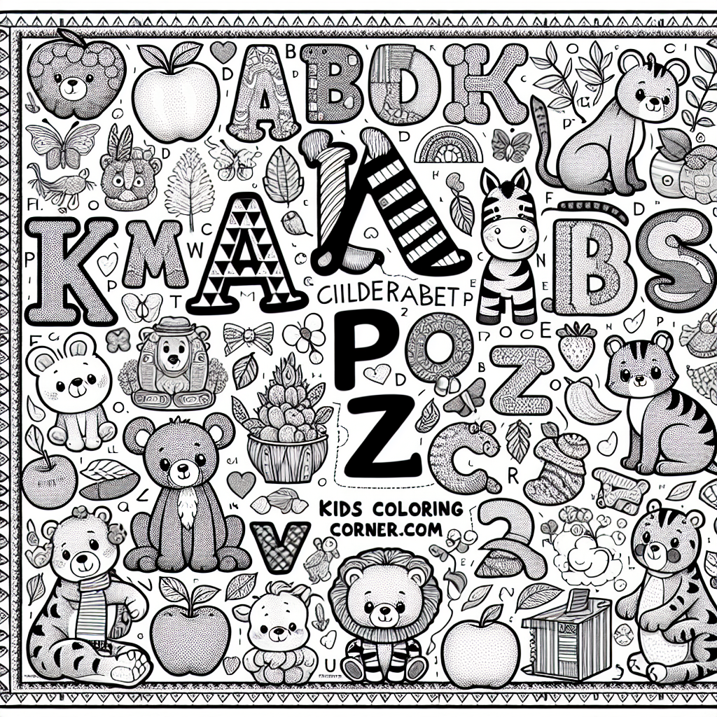 This coloring page is packed with the entire alphabet from A to Z! Each big letter is paired with fun pictures of things like an apple for "A," a bear for "B," and a cat for "C." Kids will love coloring in these friendly animals and objects that they know and recognize. There's a nice border around the page to make it look extra special. This page is perfect for little artists who want to practice their letters while having a great time coloring!