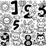 This coloring page is full of fun and friendly numbers from 1 to 10! Each number has its own happy character, like a smiling sun for number 1 and playful bunnies for number 2. Kids will love colorfully filling in the three balloons for number 3, the cheerful flowers for number 4, and all the joyful stars for number 5. The adorable cat and ducks make number 6 and 7 extra special, while the playful fish and butterflies bring number 8 and 9 to life. Lastly, number 10 features a cute dog and cat with colorful bones. Perfect for kids, this page offers lots of space for coloring creativity!