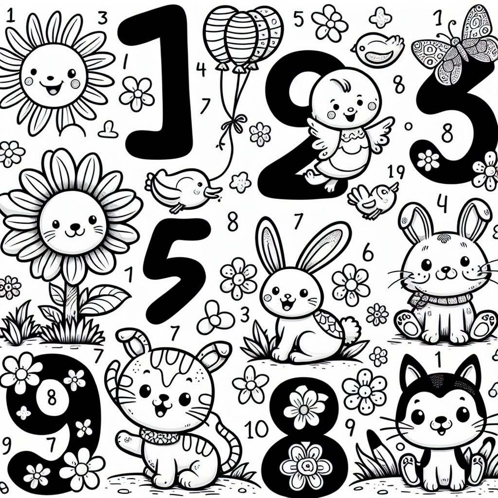This coloring page is full of fun and friendly numbers from 1 to 10! Each number has its own happy character, like a smiling sun for number 1 and playful bunnies for number 2. Kids will love colorfully filling in the three balloons for number 3, the cheerful flowers for number 4, and all the joyful stars for number 5. The adorable cat and ducks make number 6 and 7 extra special, while the playful fish and butterflies bring number 8 and 9 to life. Lastly, number 10 features a cute dog and cat with colorful bones. Perfect for kids, this page offers lots of space for coloring creativity!