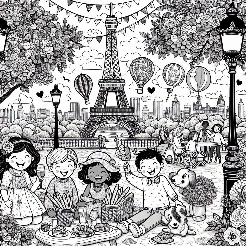 Get ready to explore the fun and magic of Paris in this whimsical coloring page! You'll see the famous Eiffel Tower standing tall, surrounded by happy kids having a picnic with yummy baguettes and sweet pastries. A playful dog leaps through the grass, while a couple walks hand-in-hand, enjoying the beautiful day. Look for cheerful balloons, colorful flower pots, and charming street lamps all around. In the background, you'll spot cute cafes with outdoor tables and trees with leafy branches. It's a colorful world waiting for you to fill it with your imagination!