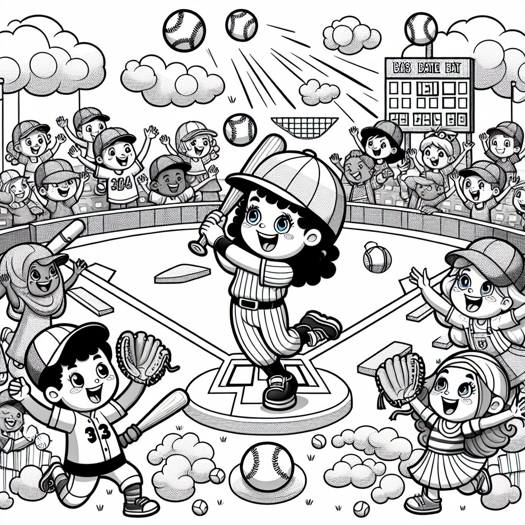 Get ready for a super fun baseball adventure with this exciting coloring page! You’ll see a happy boy swinging a bat and a girl ready to catch a fly ball with her glove. Cheerful friends are on the sidelines, cheering them on as fluffy clouds float above a lively baseball field. Look for a colorful scoreboard and baseball gear like caps, bats, and balls scattered around. This cheerful scene is perfect for coloring and will spark your creativity!