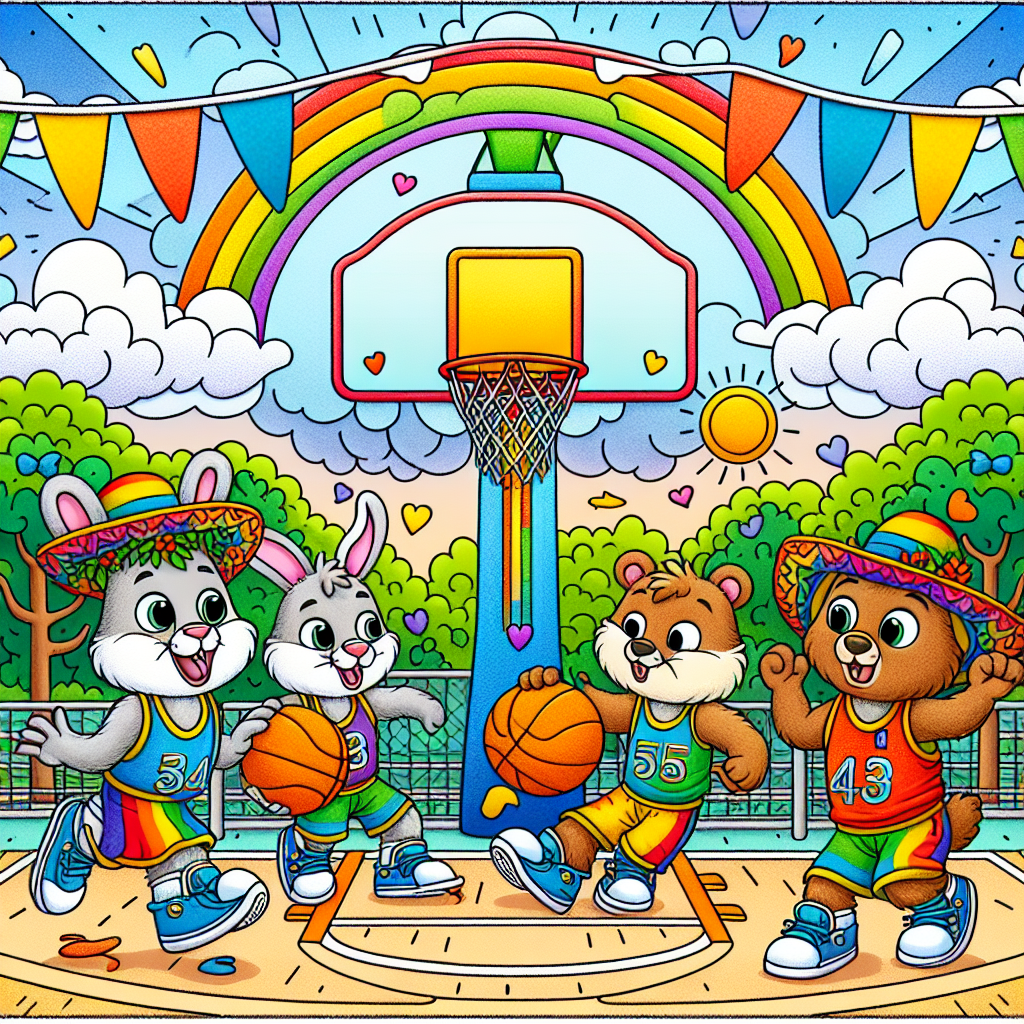 Get ready for a fun coloring adventure! This exciting basketball-themed page shows a bright outdoor court full of happy animals. You’ll see a rabbit dribbling the basketball, a bear getting ready to take a shot, and a squirrel jumping with joy! The hoop is decorated with colorful flags, and there’s a cheering crowd of cute animal friends all around. The sunny sky with fluffy clouds and tall trees makes it a perfect day for play. Grab your crayons and bring this lively scene to life!