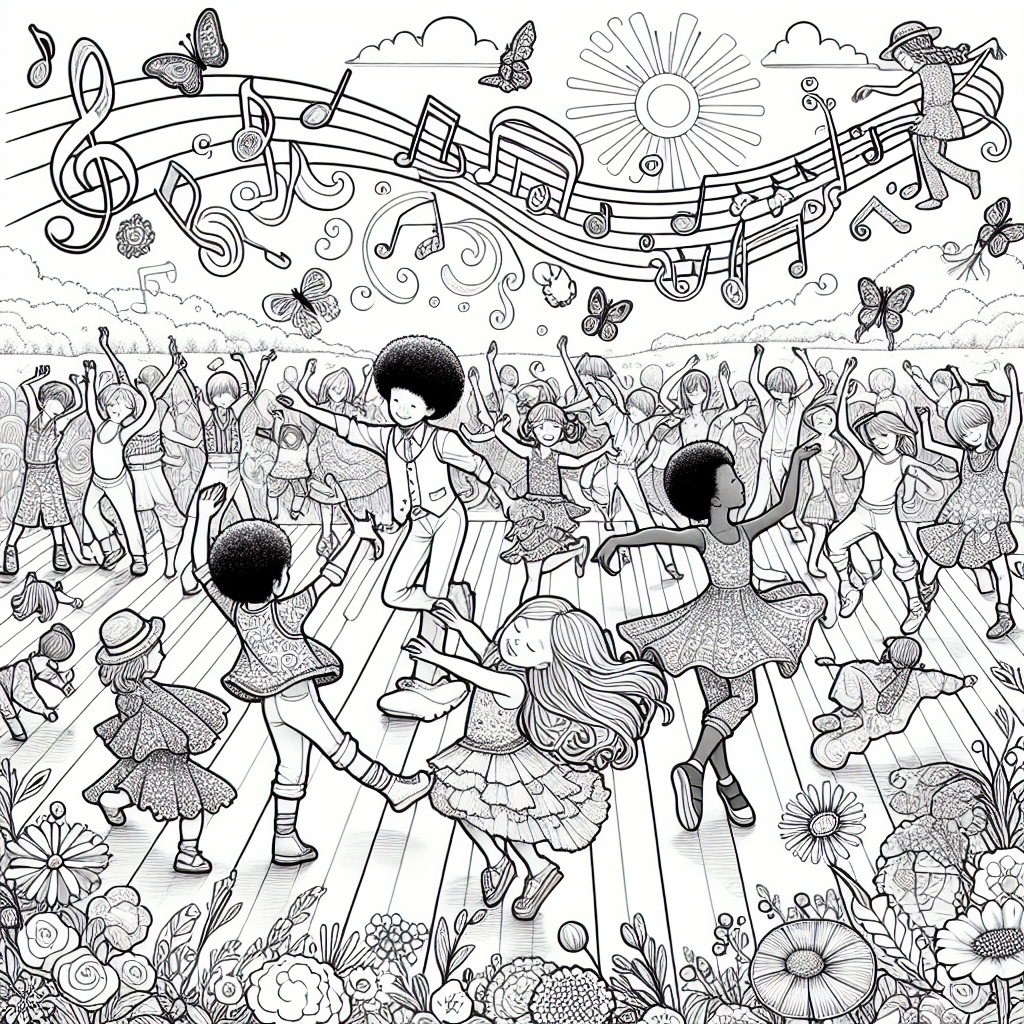 This coloring page shows a fun dance scene in a sunny park! You will see kids of different backgrounds dancing happily together. Some are doing ballet, while others are moving to hip hop and salsa beats! Cheerful musical notes, flowers, and butterflies are around them, making everything feel joyful. The sky is bright with fluffy clouds above, inviting you to color in this lively moment. Explore your imagination and bring this dance party to life with your favorite colors!