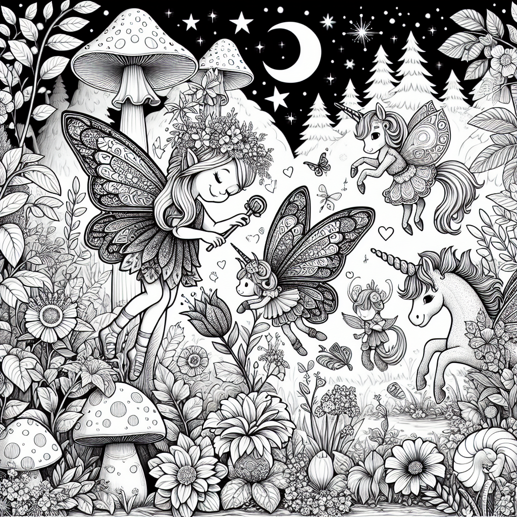 Welcome to a magical garden filled with happy, playful fairies and enchanting unicorns! In this whimsical scene, you'll see fairies with delicate wings joyfully watering flowers and dancing around. The unicorns peek out from behind colorful bushes, and each fairy wears a pretty dress decorated with flowers. Get ready for a fun coloring adventure in this bright, sparkly world!