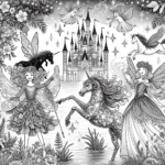This coloring page is full of magic and fun! You’ll see two happy fairies with beautiful wings and fancy outfits surrounded by colorful flowers. In the background, three friendly unicorns with shiny manes are playing near a sparkling pond. There's also an amazing castle with tall towers and fluttering banners that makes the scene even more exciting. The sky has fluffy clouds and bright stars, adding to the wonder. Get ready to bring this enchanting world to life with your favorite colors!