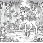 This coloring page shows a magical forest filled with happy fairies and a beautiful unicorn. You can see the majestic unicorn with a long, flowing mane next to a calm pond, surrounded by playful fairies with bright, unique wings. The whimsical trees and colorful flowers make the forest look enchanting, while shining stars and fluffy clouds fill the sky. Kids will love bringing this delightful scene to life with their favorite colors!