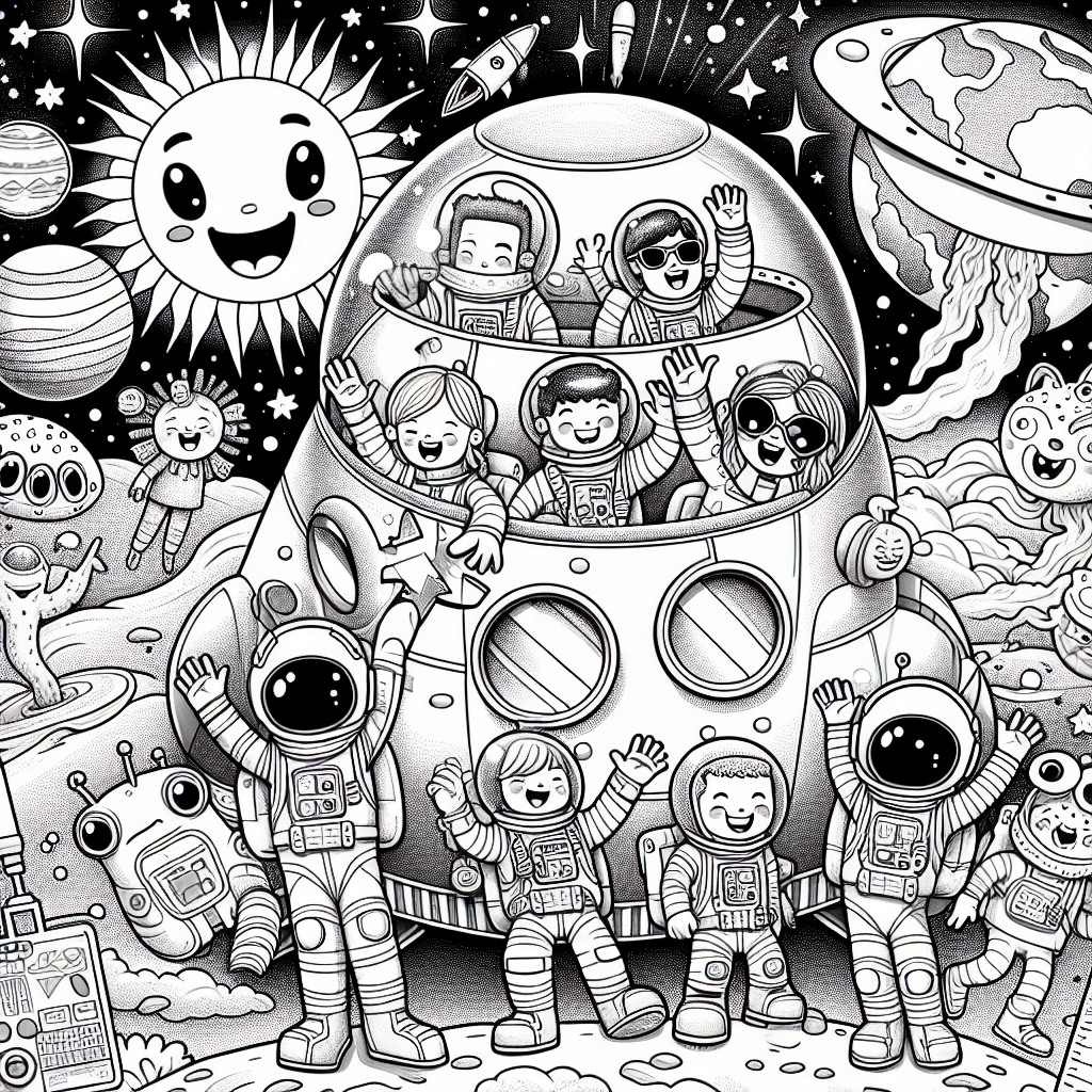 Get ready for a cosmic adventure with our fun coloring page! You'll find a group of happy astronauts floating in space, waving and having a blast. One astronaut is even tossing a colorful alien toy! In the background, Earth shines brightly with swirling clouds, while friendly planets and twinkling stars add a magical touch. You'll also see a quirky spaceship with big windows and some cool space tools. This lively scene is perfect for kids to color and imagine their own space stories!