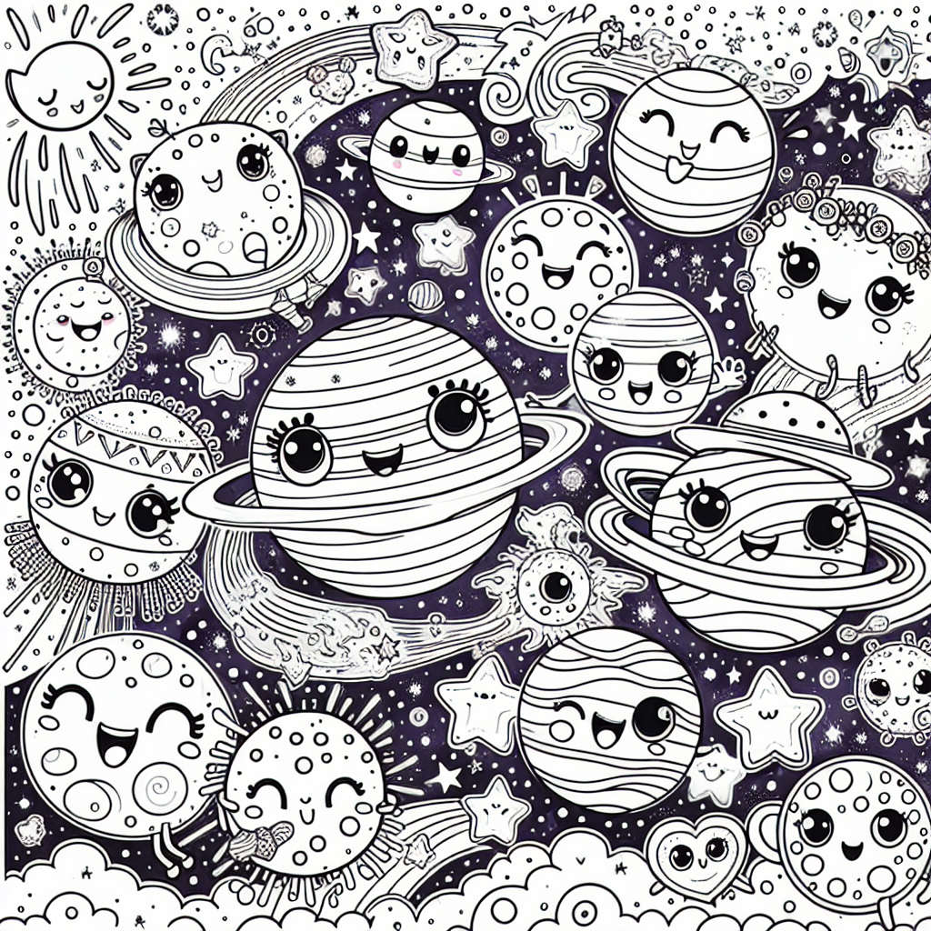 This fun and imaginative coloring page features a vibrant space scene filled with happy planets and cheerful space creatures! Each planet has a unique smile and playful features, like silly hats and cool glasses. You'll see a ringed planet, a colorful striped planet, and a bright planet covered in polka dots, all surrounded by twinkling stars and gentle comets. Kids can use their favorite colors to bring this whimsical universe to life in a lighthearted and exciting way!