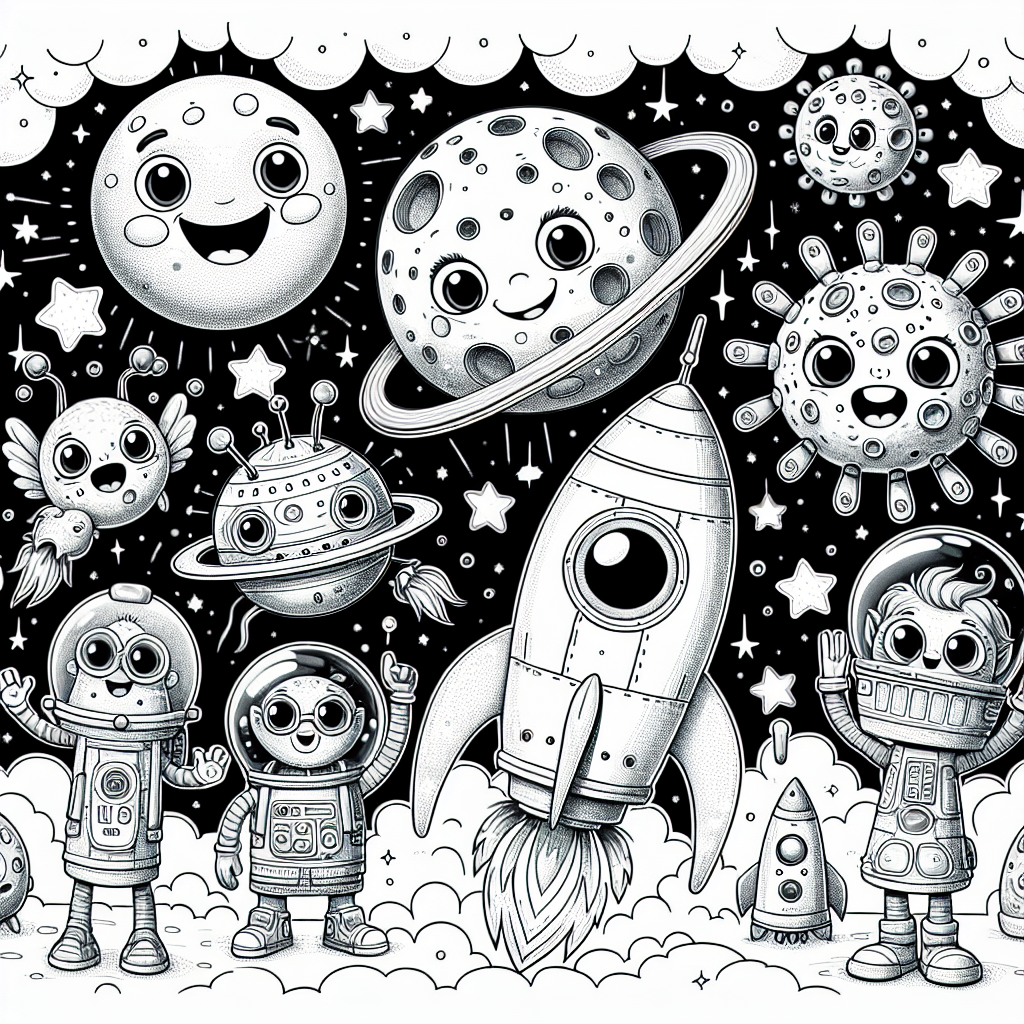 Get ready for a fun space adventure with this exciting coloring page! You'll find happy rockets zooming through a starry sky, each one with its own cool design. Look out for friendly aliens in their little spaceships and playful planets that have silly faces. Don't forget to color the big, smiling moon that's watching over all the fun! This picture is perfect for bringing your imagination to life with bright colors.