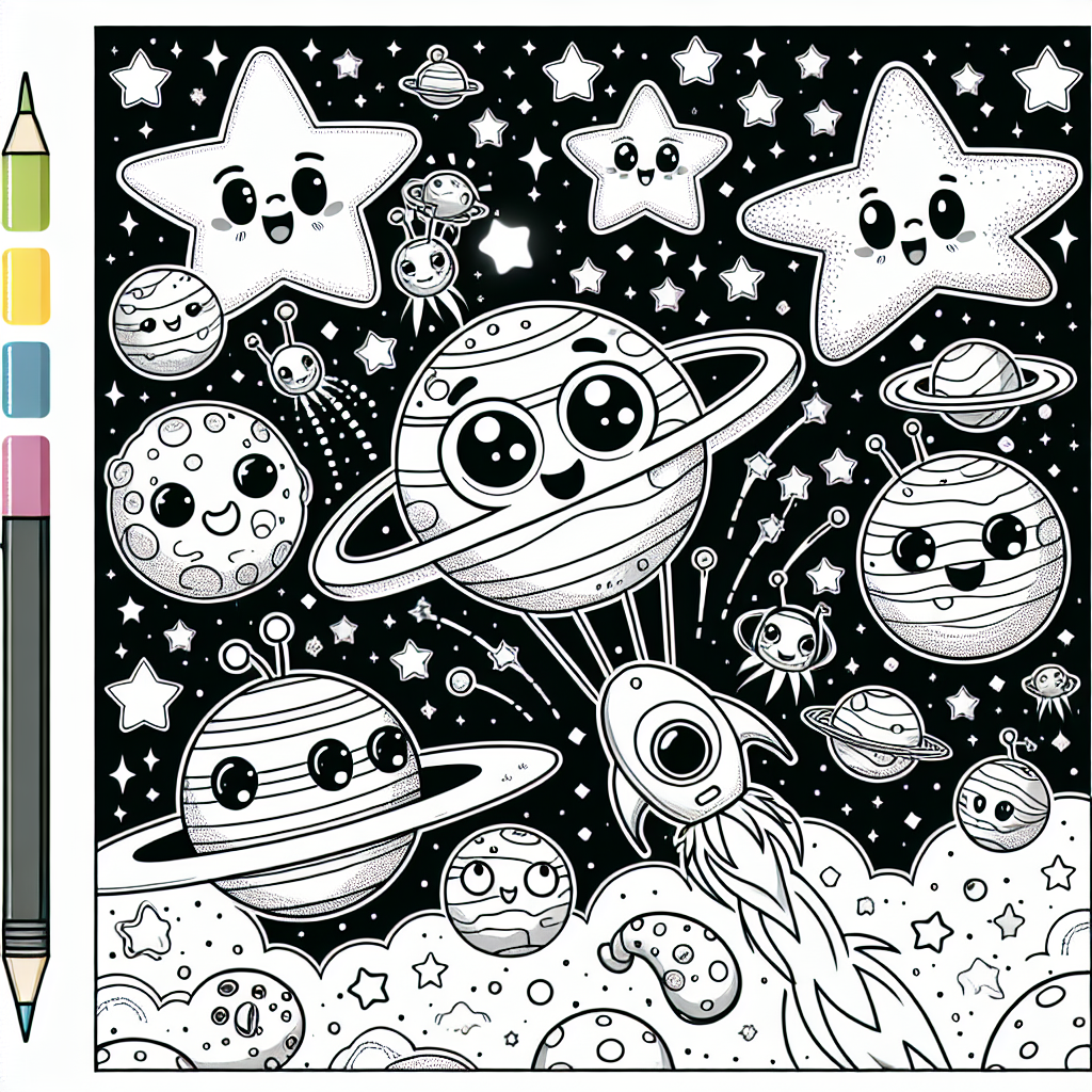 Get ready for an out-of-this-world coloring adventure! This fun space scene is full of smiling stars in different sizes, some wearing silly party hats and winking at you. You’ll also find cute cartoon planets with happy faces, bright stripes, and swirly rings floating in the background. Meet a friendly alien with big, bright eyes and a big smile who is holding a tiny rocket ship. Don't forget to color the magical comets with sparkly tails zooming across the starry sky, and a spaceship flying by in the distance! There are lots of open spaces and clear outlines, making it super easy for kids to create their colorful masterpiece!